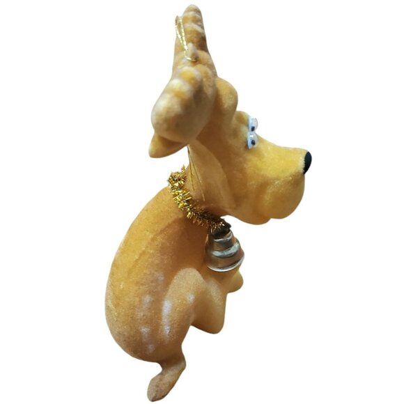 2 Vintage Flocked Moose Christmas Ornaments Reindeer Google Eyes Gold Bell 4.5" - Picture 13 of 16